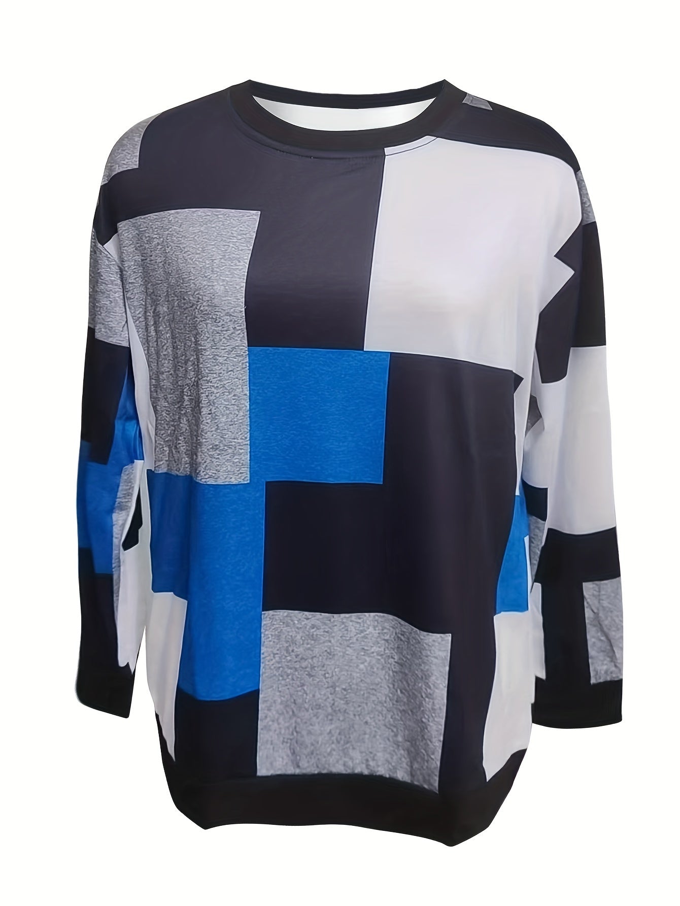 Vibrant Geo Print Color Block Crew Neck Pullover Sweatshirt - Soft Micro Elasticity Polyester Fabric, Machine Washable, Casual Long Sleeve Top for Spring & Fall - Womens Knit Clothing for All Seasons