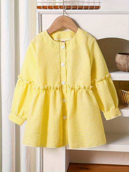 Sweet & Cute Little Girls Buttons Crew Neck Long Sleeve Peplum Blouse Top, Long-length, Spring/Fall Clothing