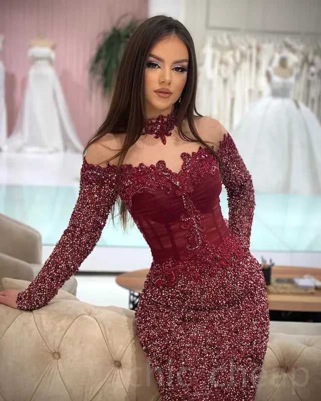 April Aso Ebi Bury Mermaid Prom Lace Beaded Sexy Evening Formal Party Second Reception Birthday Engagement Gowns Dress Robe De Soiree