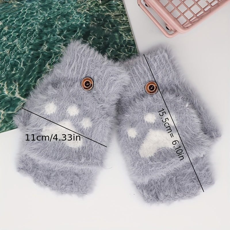 Cute Cat Paw Fuzzy Lined Mitten Gloves - Soft, Warm, Flip-Up, Fingerless, Winter Gloves with Aesthetic Design