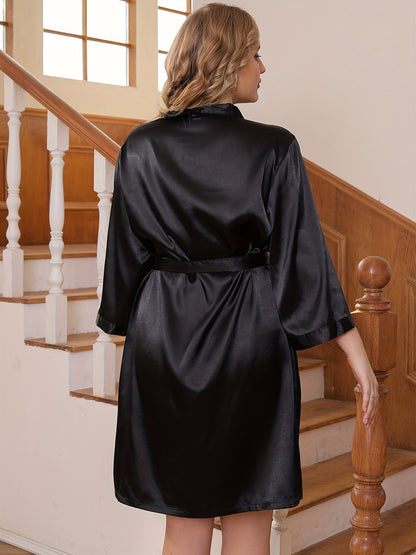 Elegant Plus Size Satin Robe with V-Neck and Tie Belt - Adult Size, Polyester Blend, Seasonless, Home Robe