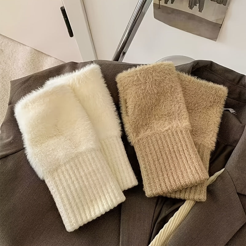 1 Pair Women's Solid Color Fingerless Fuzzy Gloves, Winter Versatile Warm Gloves For Outdoor Activities