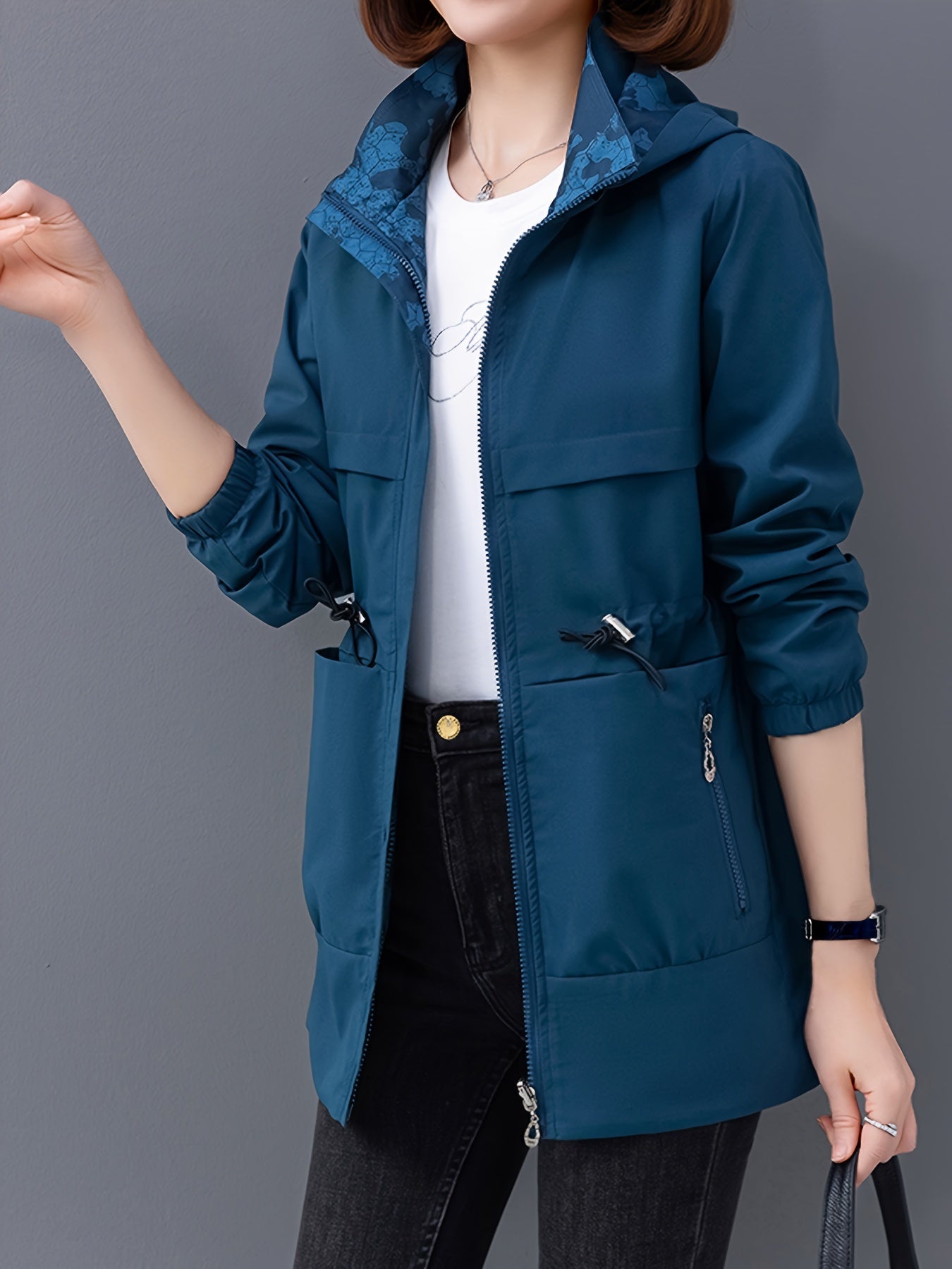 Waterproof Windbreaker Jacket for Women - Long Sleeve Drawstring Waist Hooded Zip-Up Coat with Two-Sided Wear, Breathable, and Insulated Design for Autumn & Winter Outdoor Activities - Women's Casual Clothing