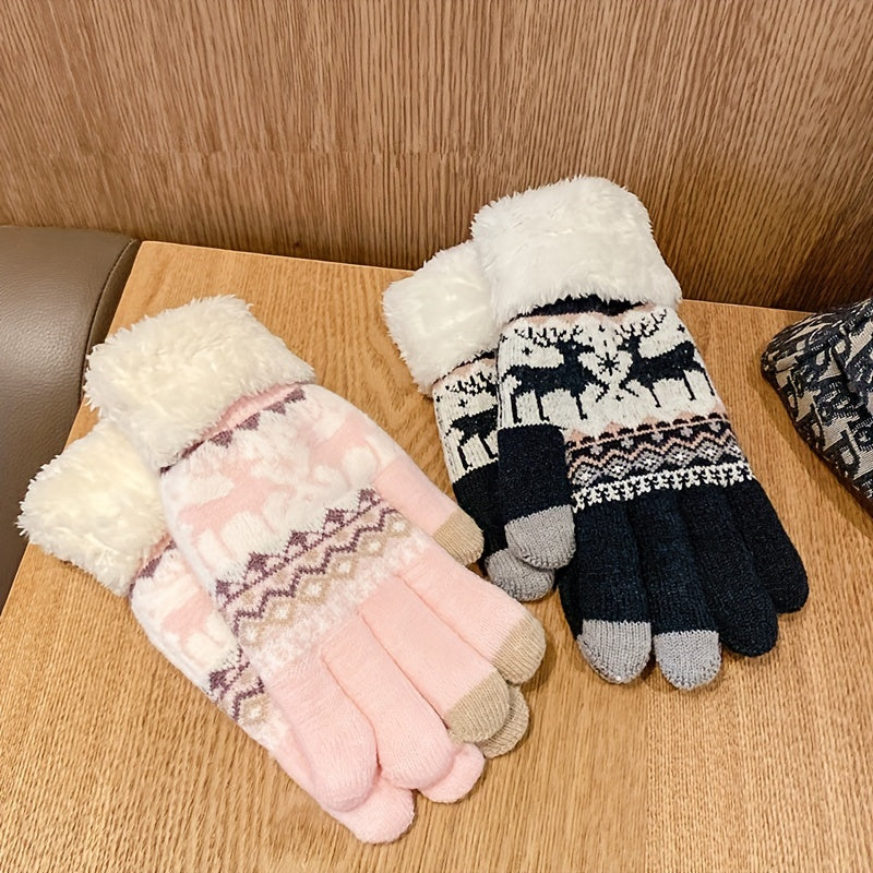 Plus Velvet Thickened Warm Gloves - Stretchy, Cute Deer Print, Touch Screen, Coldproof, Outdoor Cycling, Winter Warmth, Christmas Gift Idea