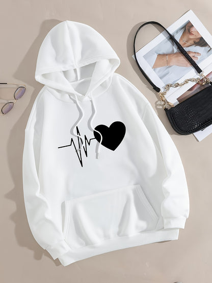 Casual Chic Heart Print Knit Hoodie - Women's Comfy Alphabet Pattern Top for Fall/Winter, Easy-Care & Stretchy