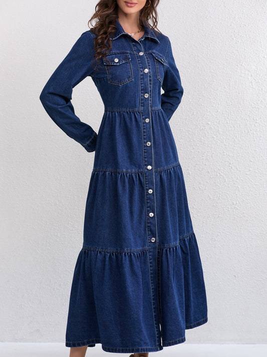 Plain Washed Blue Button Up Ruffled Long Sleeve Elegant Maxi Denim Dress, Women's Denim Jeans & Clothing