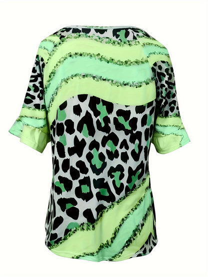 Vibrant Leopard Print V-Neck T-Shirt - Soft Mid-Elasticity Polyester Fabric, Casual Short Sleeve Design, Perfect for Spring and Summer, Womens Regular Fit Clothing