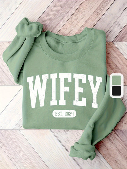 Cozy Wifey Print Pullover Sweatshirt - Soft Mid-Elasticity Polyester Crew Neck Casual Long Sleeve Top for Fall & Winter - Machine Washable, Alphabets Pattern, Knit Fabric, Perfect for Womens Everyday Wear