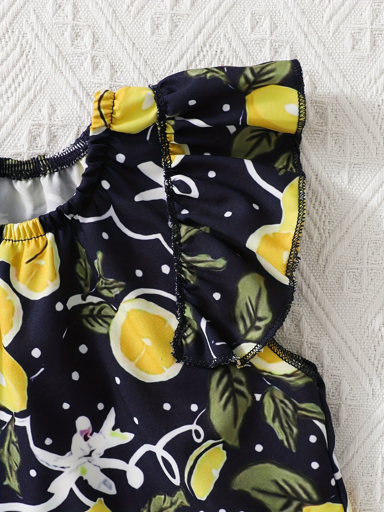 Girls Sleeveless Navy Lemon Print Top with Ruffle Cap Sleeves, Casual Style, Summer Fashion