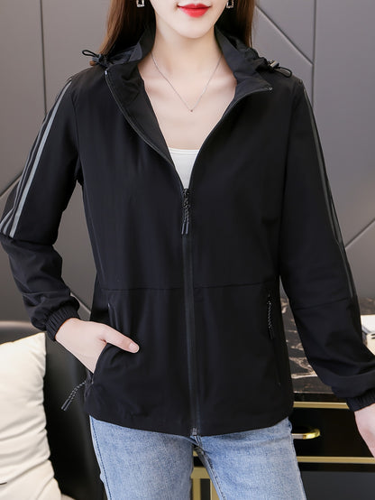 Women's Lightweight Hooded Sports Jacket - Breathable, Stretchy, Zippered Pockets - Ideal for Outdoor Activities