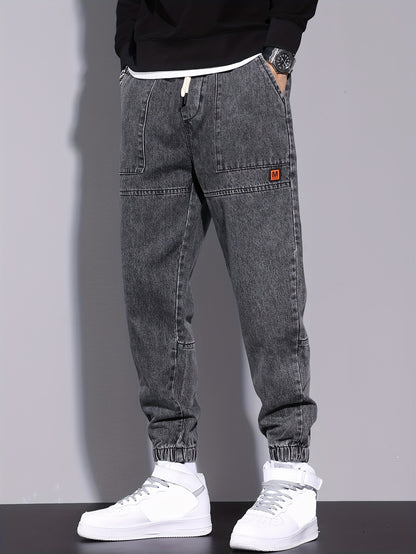 Men's Solid Denim Joggers With Pockets, Casual Cotton Blend Jeans For Outdoor Activities Gift