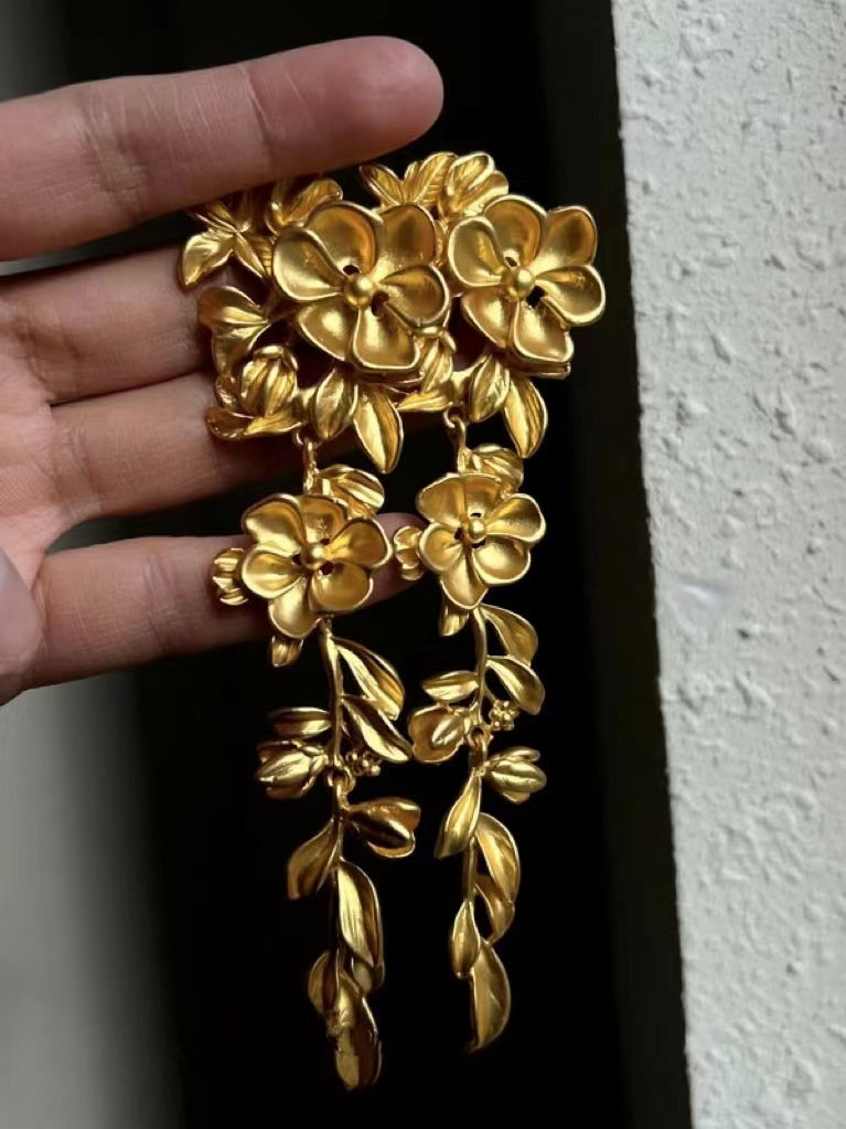 sengpan 2024 New Gold Flower Long Leaf Earrings