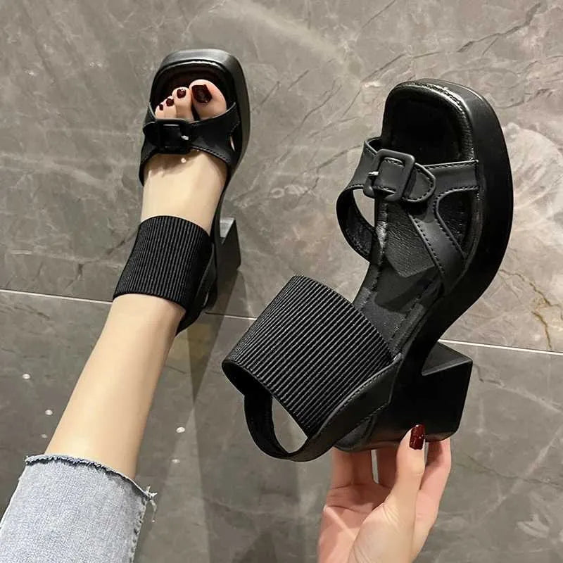 Dress Shoes  Womens High Quality Elastic Band Sandals Summer Platform Heel Zapatos Mujer H240527 TFD0