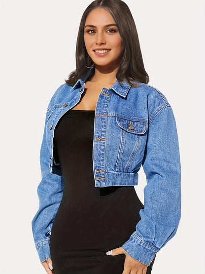 Women's Chic Collared Denim Jacket - Casual, Easy-Care, Long Sleeve, Single-Breasted Coat with Stylish Flap Design