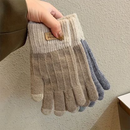 1 Pair of Cozy Two-Tone Winter Knitted Full Finger Gloves - Warm, Letter Patched, Soft, and Stretchy for Womens Cold Weather Protection - Perfect for Outdoor Activities