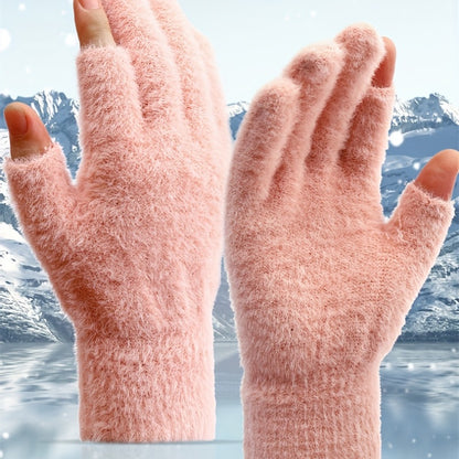 Plus Velvet Thickened Warm Gloves - Soft, Open Fingers Design for Convenient Touch Screen, Coldproof, and Comfortable Writing Experience for Women in Winter