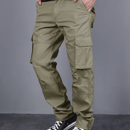 Mens Loose Fit Solid Color Cargo Pants - Multi-Pocket Drawstring Trousers for Weekend Casual - Polyester, Non-Stretch, Mid Waist, Regular Length, Hand Washable