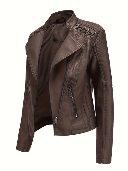 TRIPSIX Women's Sleek Faux Leather Jacket - Casual Zip-Up Biker Coat with Lapel Collar, Perfect for Outdoor Activities & Motorcycling