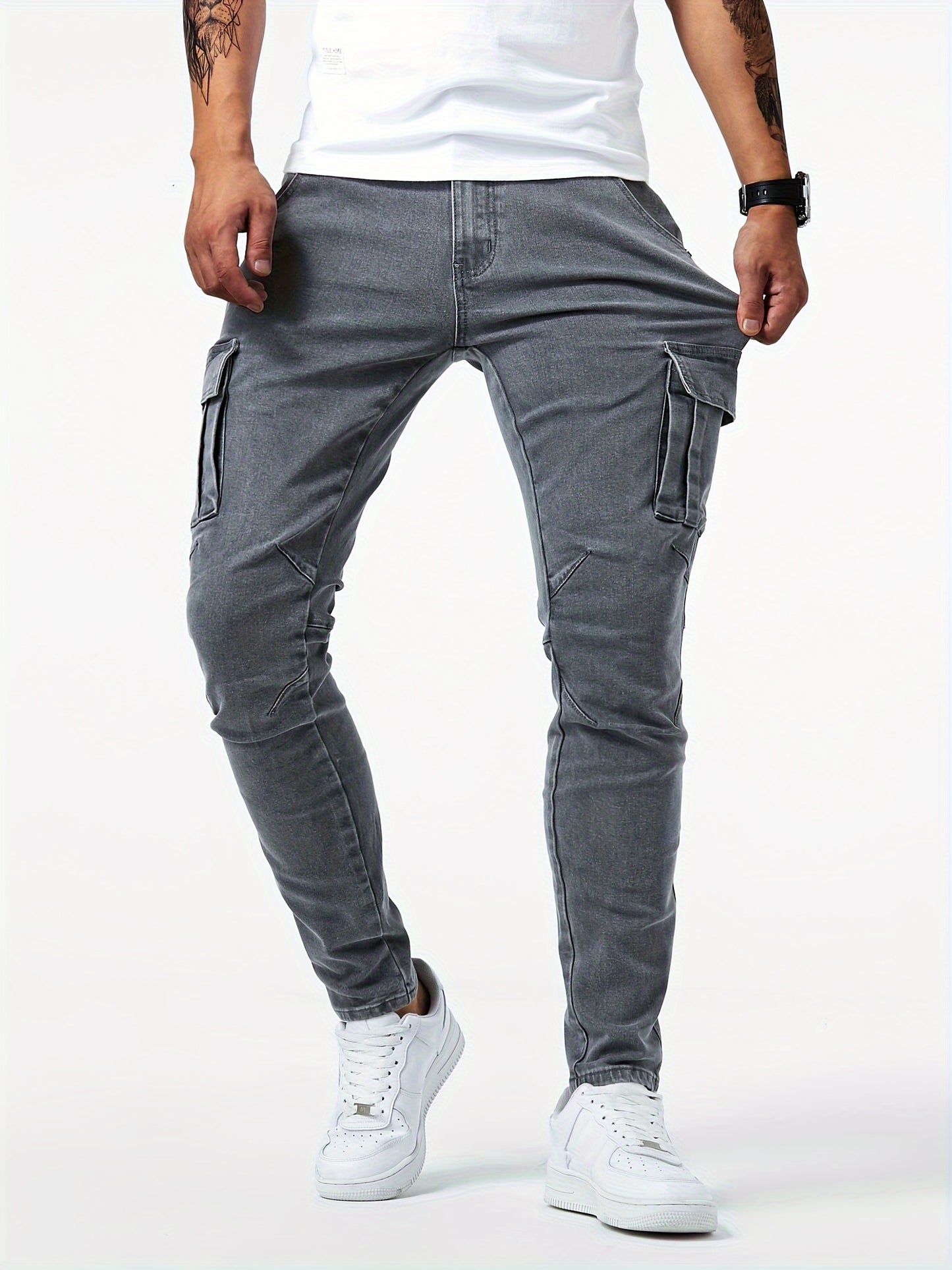 Men's Slim Fit Cargo Jeans - High Stretch Denim Pants with Multiple Pockets for Casual Street Style in Spring and Summer