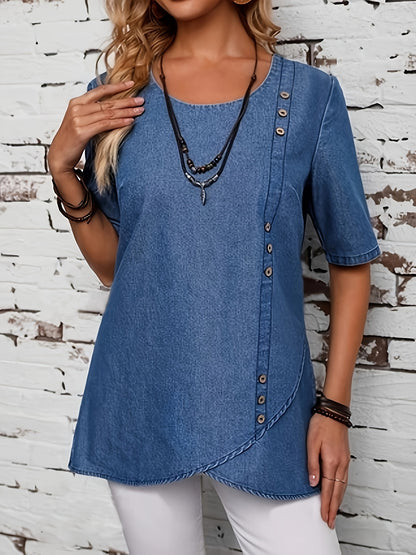 Stylish Elegant Denim Top - Exquisite Button Accents, Flattering Wrap Hem Design, Comfortable Half Sleeve Style, Perfect for Casual Occasions - Ideal for Daily Wear, Elevate Your Style