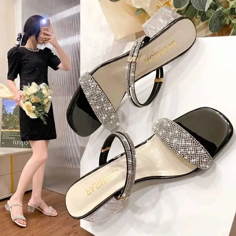 Dress Shoes Shining Gold and Silver Womens Sandals Summer  Crystal High Heels Party Comfortable Thick Sliding H240527