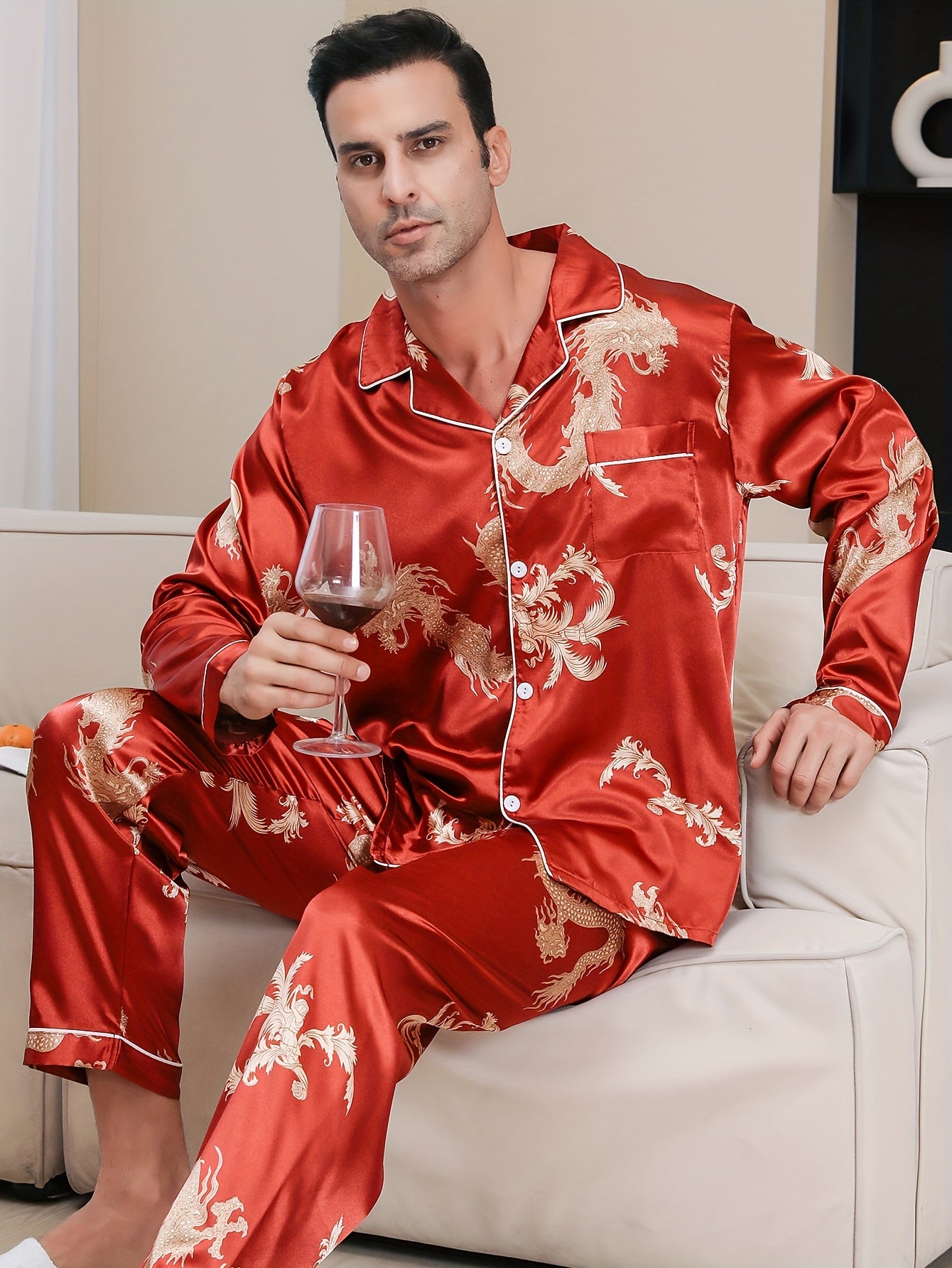 Mens Dragon Print Luxury Pajama Set - Long Sleeve Lapel Shirt & Elastic Pants - Soft Lounge Wear for Spring Autumn - A Stylish Indoor Retreat, Ideal New Year Gift