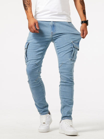 Men's Slim Fit Cargo Jeans - High Stretch Denim Pants with Multiple Pockets for Casual Street Style in Spring and Summer