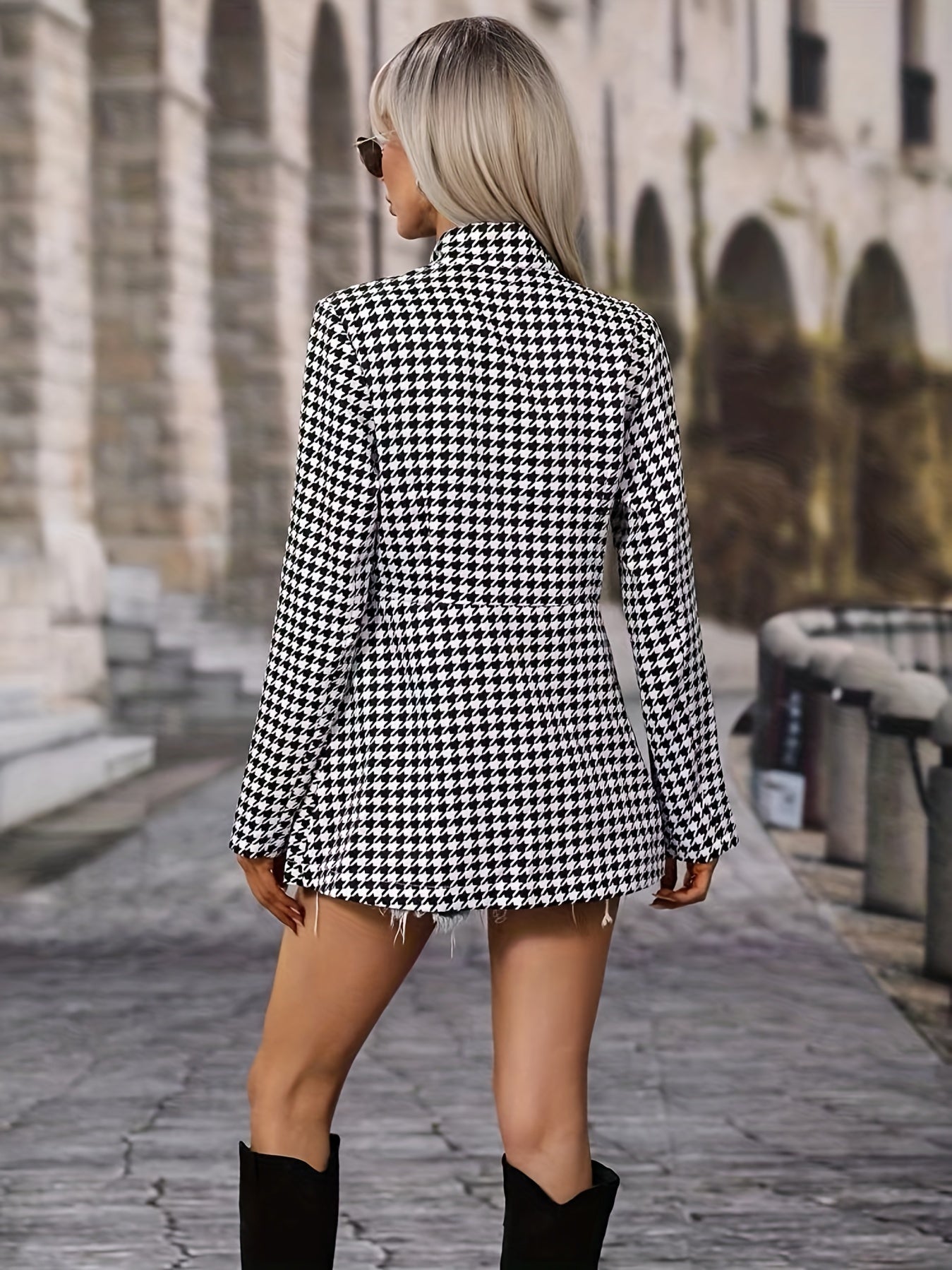 Chic Houndstooth Blazer - Stylish Open-Front Design with Timeless Pattern - Premium Long Sleeves for Elegant Work Office Wear - A Must-Have for Fashion-Conscious Women