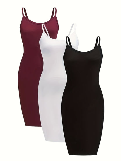 3-Pack Womens Solid Scoop Neck Bodycon Dresses - Chic Sleeveless Spaghetti Strap Design - Figure-Flattering Casual Wear for Everyday Style