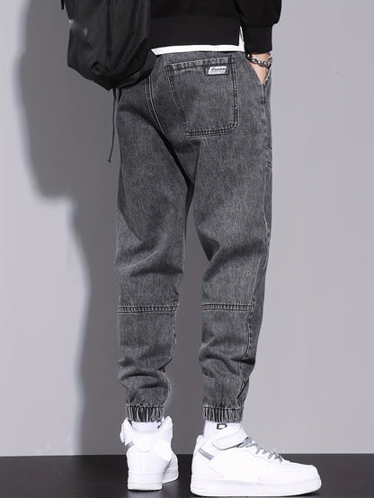 Men's Solid Denim Joggers With Pockets, Casual Cotton Blend Jeans For Outdoor Activities Gift