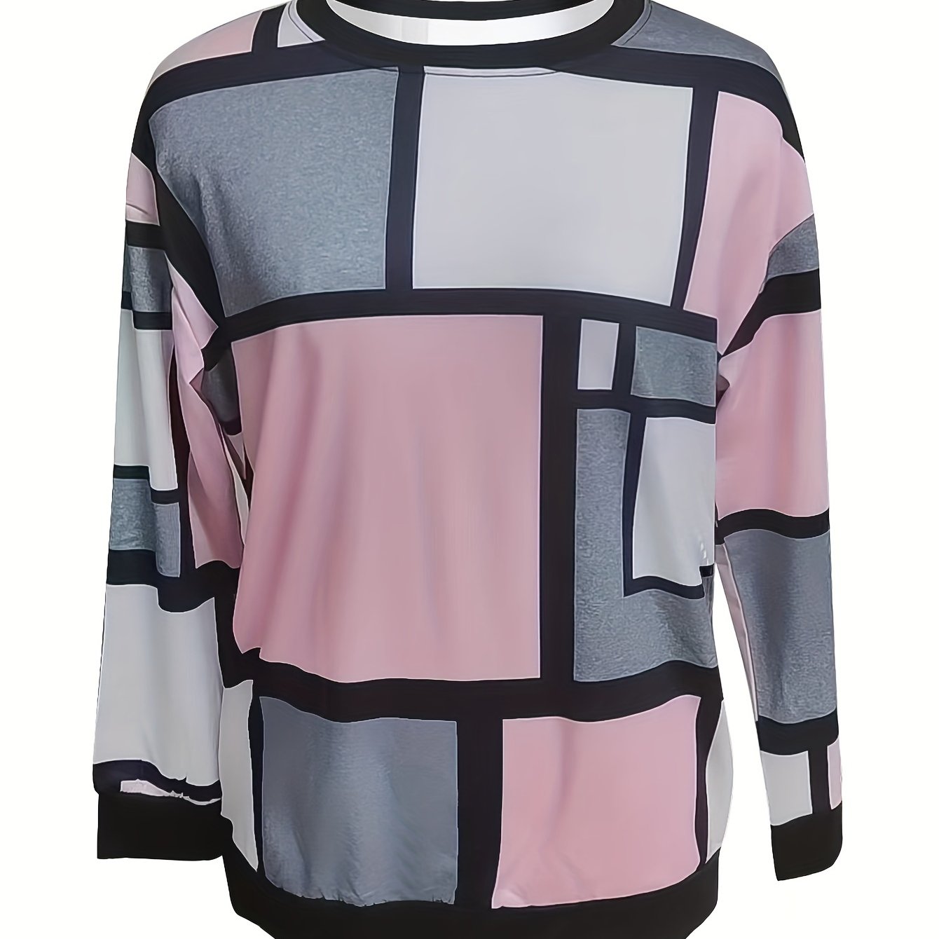 Vibrant Geo Print Color Block Crew Neck Pullover Sweatshirt - Soft Micro Elasticity Polyester Fabric, Machine Washable, Casual Long Sleeve Top for Spring & Fall - Womens Knit Clothing for All Seasons