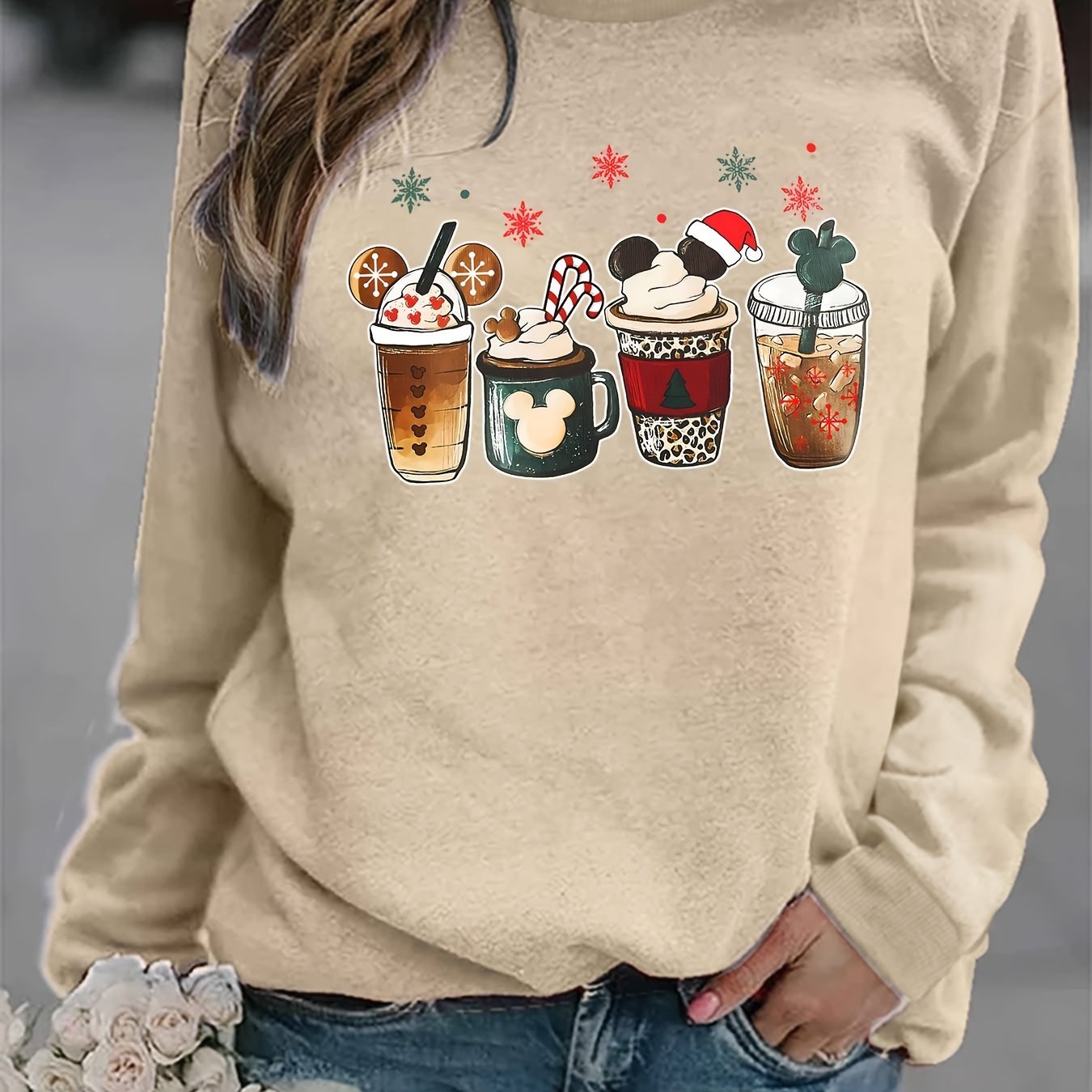 Christmas Coffee Print Sweatshirt, Casual Long Sleeve Crew Neck Sweatshirt, Women's Clothing