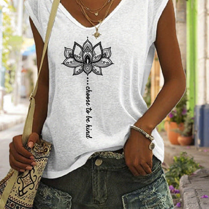 Lotus Print V Neck Tank Top, Cap Sleeve Casual Top For Summer & Spring, Women's Clothing