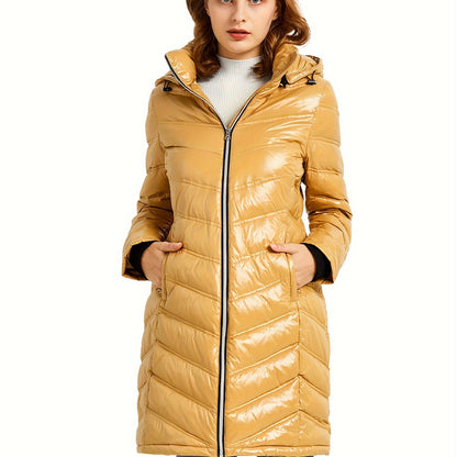 Ultra-Warm Women's Quilted Long Down Coat - Shiny Hooded Puffer Jacket with Water-Resistant Fabric, Adjustable cuffs, and Faux Fur Trim - Perfect for Cold Winter Days and Outdoor Activities