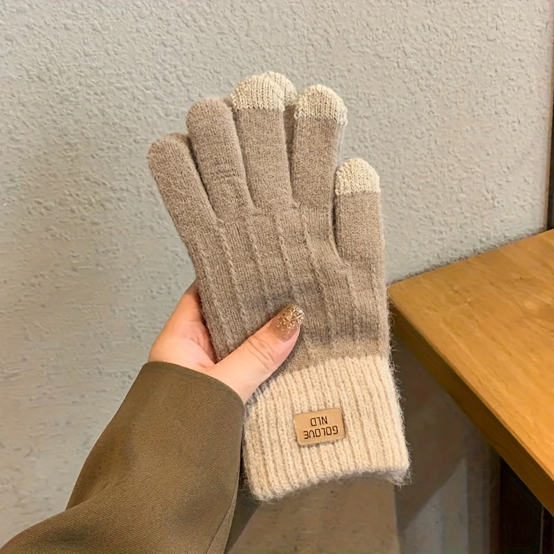 1 Pair of Cozy Two-Tone Winter Knitted Full Finger Gloves - Warm, Letter Patched, Soft, and Stretchy for Womens Cold Weather Protection - Perfect for Outdoor Activities