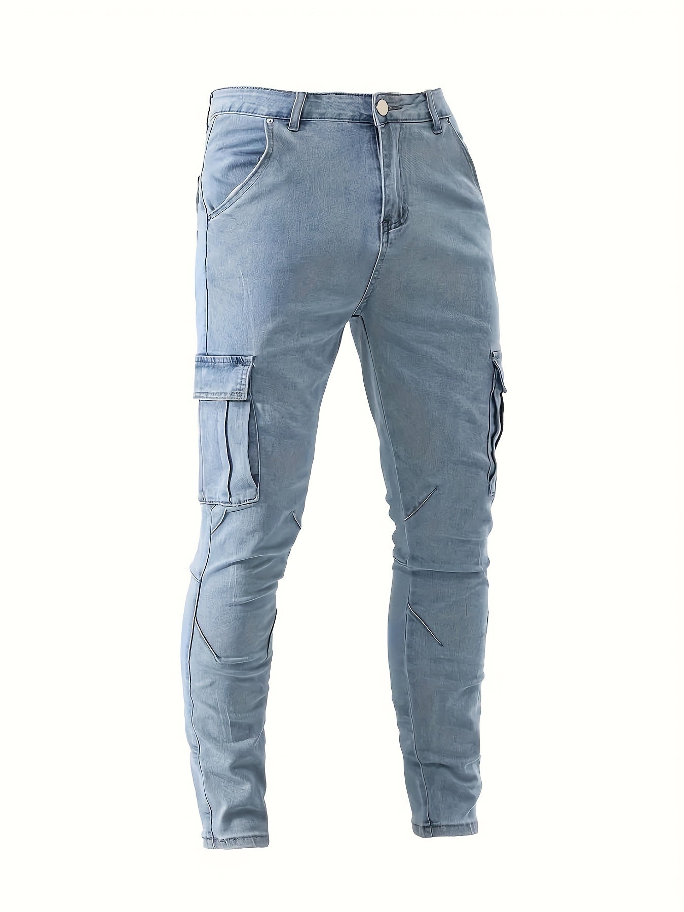 Men's Trendy Solid Cargo Denim Jeans With Side Pocket, Comfy Casual Slim Fit Trousers For Men's Outdoor Activities