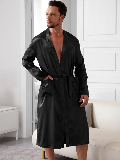 Mens Comfort V-Neck Robe Set - Soft Polyester Lounge Wear with Adjustable Waist Tie for Relaxed Fit, Ideal for Home and Bedroom Use All Year Round