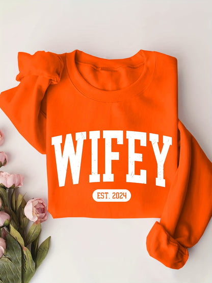 Cozy Wifey Print Pullover Sweatshirt - Soft Mid-Elasticity Polyester Crew Neck Casual Long Sleeve Top for Fall & Winter - Machine Washable, Alphabets Pattern, Knit Fabric, Perfect for Womens Everyday Wear