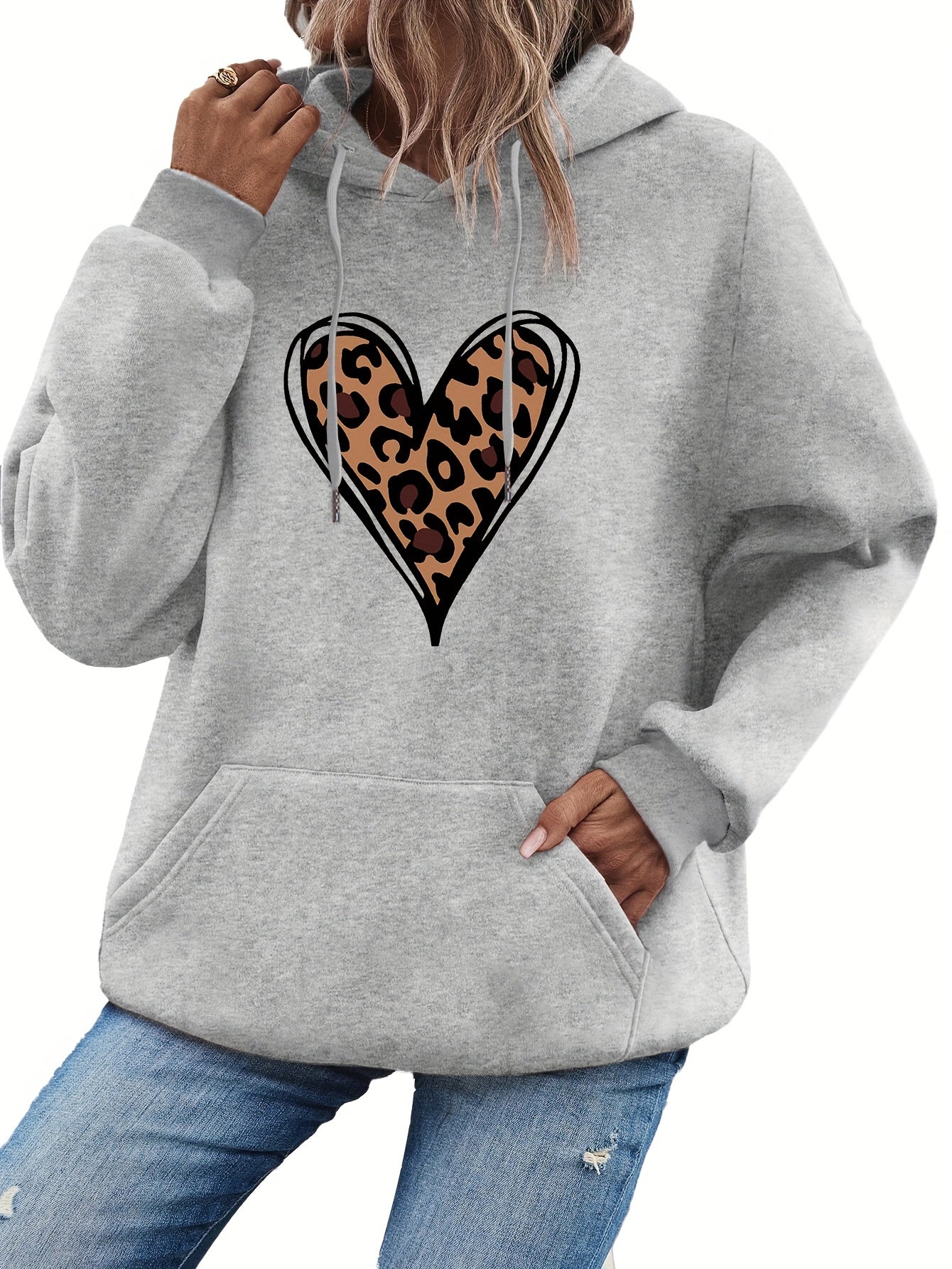 Women's Heart Print Kangaroo Pocket Casual Hoodie - Long Sleeve Drawstring Sweatshirt with Relaxed Fit, Soft Fabric, and Cozy Design for Everyday Wear