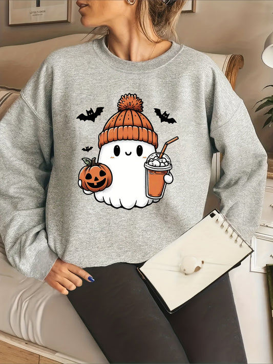 Vibrant Halloween Print Hoodie - Soft, Breathable, Drawstring Casual Hooded Sweatshirt for Fall & Spring, Women's Relaxed Fit Clothing with Long Sleeves and Pocket