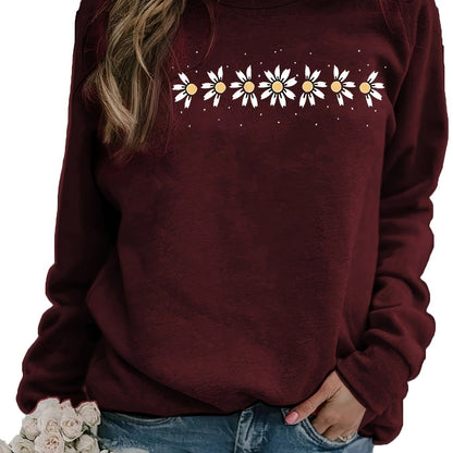 Long Sleeve Crew Neck Floral Print Casual Sweatshirt - Soft Cotton, Slight Stretch, Micro Elasticity, Raglan Sleeve - Perfect for Daily Wear in Spring, Summer, and Fall