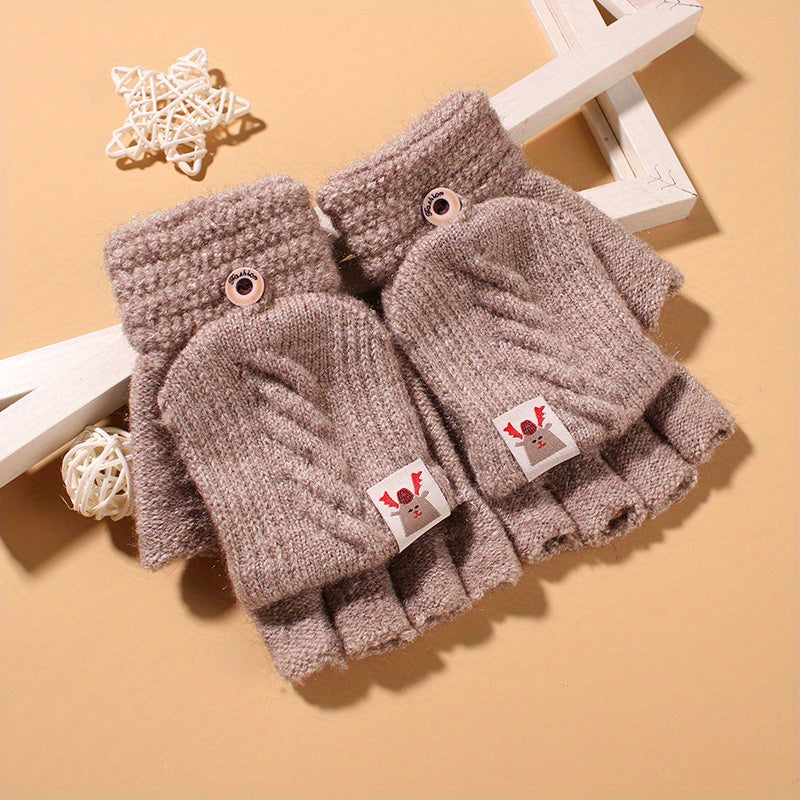 Autumn Winter Knitted Flip Gloves Short Half Finger Convenience Touchscreen Gloves Thickened And Warm Jacquard Gloves