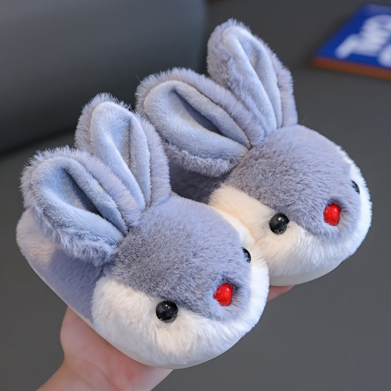 Cute Cartoon Rabbit Plush Slippers for Boys and Girls - Casual Street Style Animal Print Footwear with Bow Detail, Warm Fabric Lined Indoor House Shoes for Toddlers and Kids - Non-Slip PVC Sole, Comfortable Round Toe - Ideal for Daily Casual Wear, All Sea