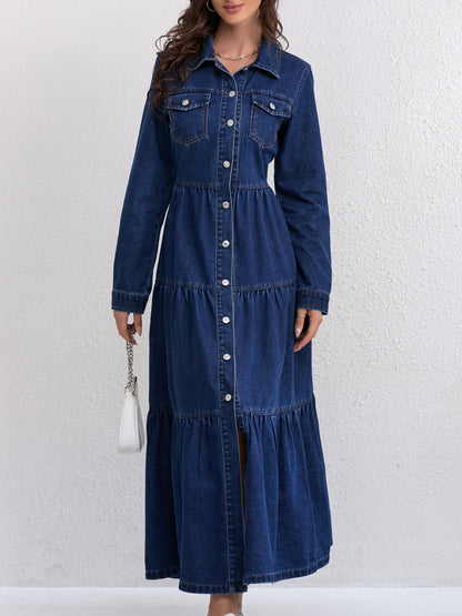 Plain Washed Blue Button Up Ruffled Long Sleeve Elegant Maxi Denim Dress, Women's Denim Jeans & Clothing