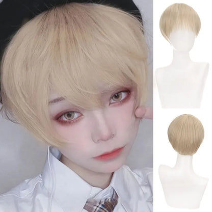 sengpan Short Straight Black White Grey Synthetic Men's Wig With Bangs For Everyday Anime Cosplay Party