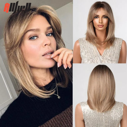 sengpan Short Brown Ombre Blonde Cosplay Wig Synthetic Straight Wigs for Black Women Heat Resistant Halloween Party Daily Natural Hair