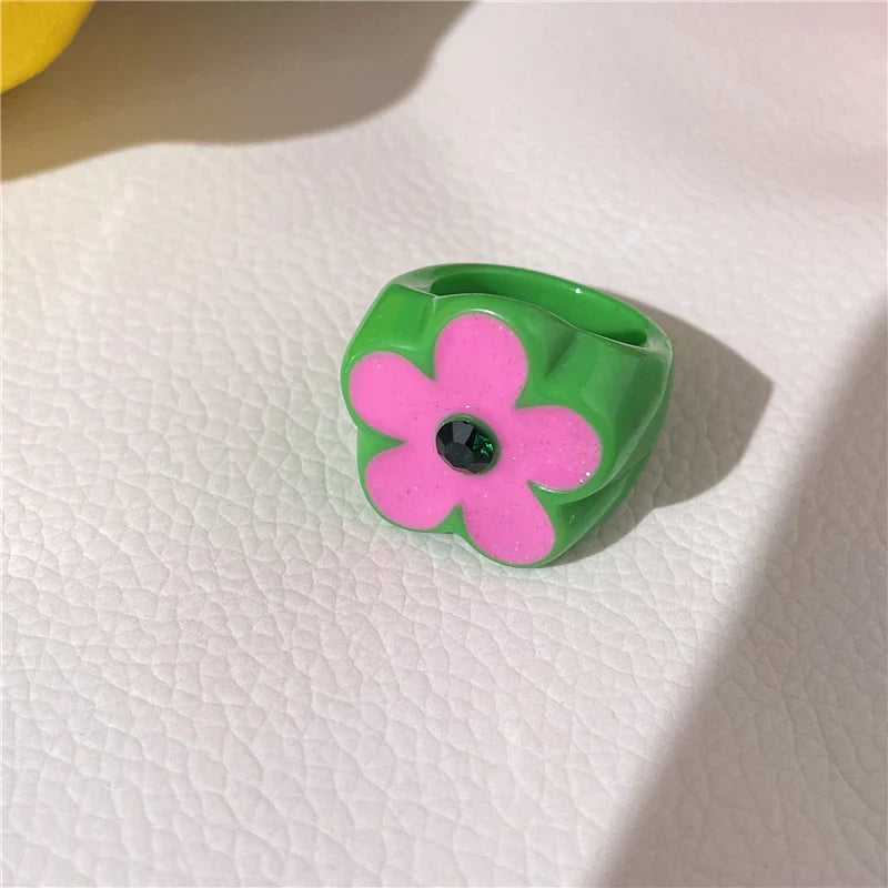 sengpan 2024 New Sweet Multicolor Resin Oil Drip Ring for Women Geometric Oval Flowers Beads Rhinestones Ring Cute Jewelry HangZhi