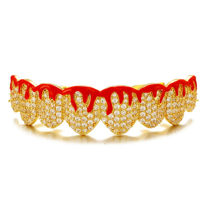 sengpan Red Drip Oil CZ Teeth Grillz Caps Cubic Zircon Iced Out Micro Pave Top&Bottom Charm Grills For Men Women Jewelry Xmas Gift