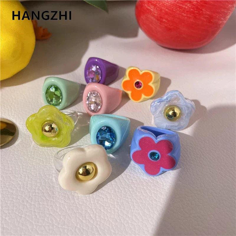 Lianfudai 2024 New Sweet Multicolor Resin Oil Drip Ring for Women Geometric Oval Flowers Beads Rhinestones Ring Cute Jewelry HangZhi