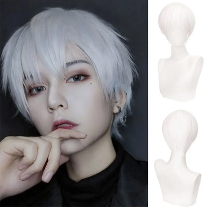 sengpan Short Straight Black White Grey Synthetic Men's Wig With Bangs For Everyday Anime Cosplay Party